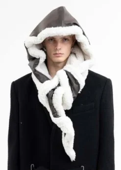 Y/projectWIRE LEATHER SHEARLING HOOD - BROWN/OFF WHITE
