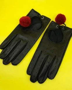 Ernest W. BakerBlack & Red Lamb Leather Pom Pom Gloves - Black