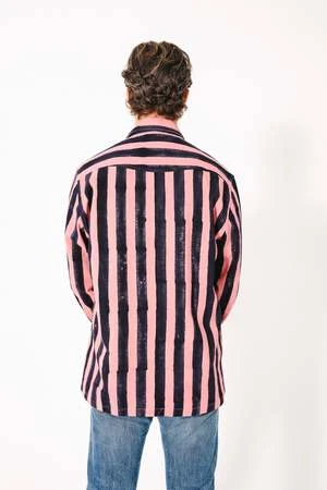 DUSHYANT.Hand Block Printed Derek Overshirt - Pink/Black Stripes Twill - Image 3