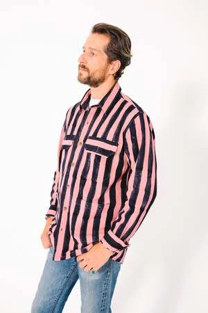 DUSHYANT.Hand Block Printed Derek Overshirt - Pink/Black Stripes Twill - Image 2
