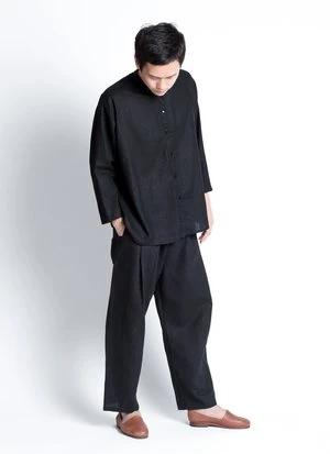KAAREMUnisex Linen Wholegrain Button-Up Shirt - Black - Image 9