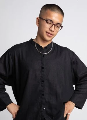 KAAREMUnisex Linen Wholegrain Button-Up Shirt - Black - Image 19
